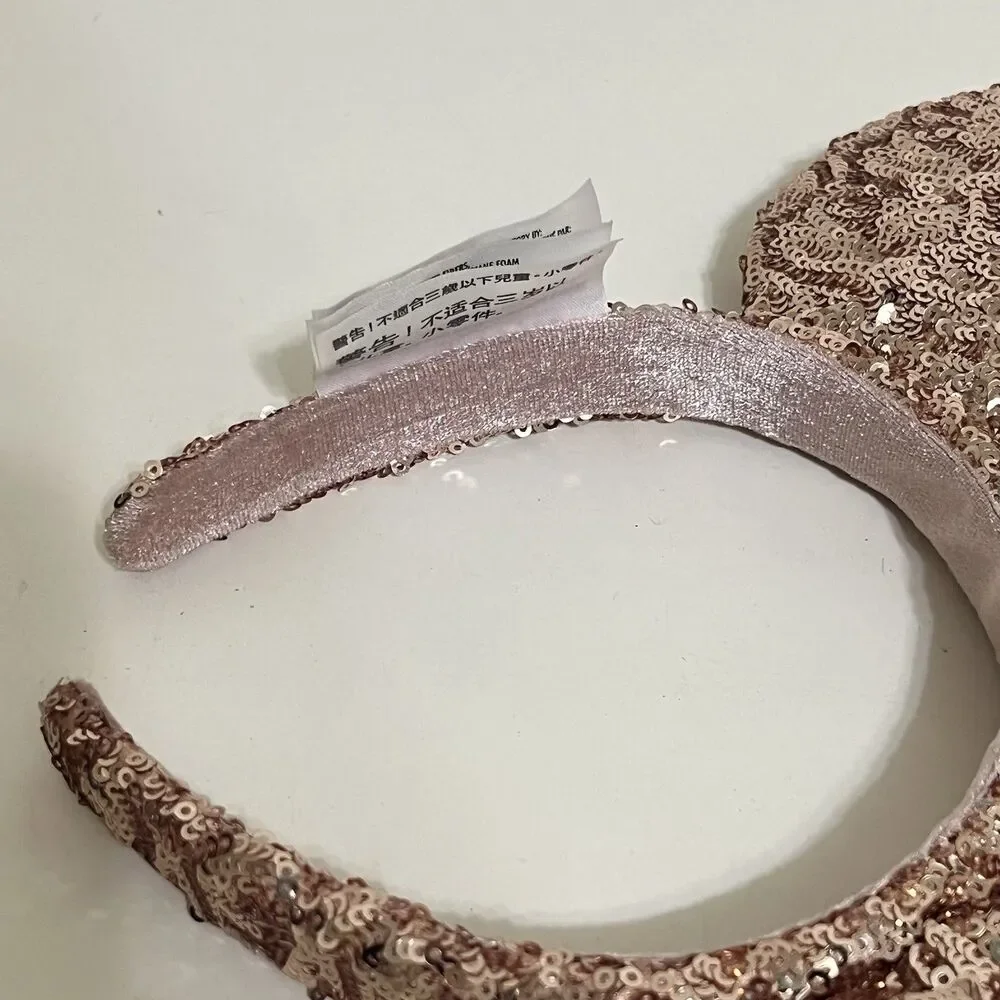 Disney Parks Minnie Mouse Ears Rose Gold Champagne Bow Sequin Headband
